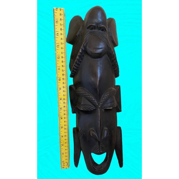 African Wooden Black Carved Mask Human And Monkey Faces 16” Vtg - Picture 5 of 6